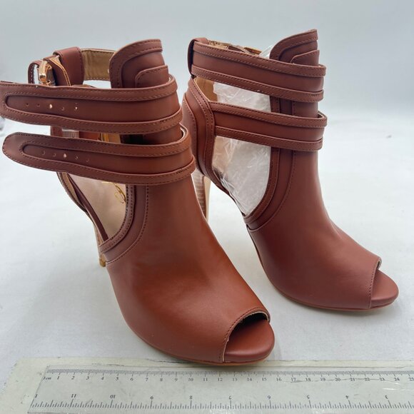 XYD Brown Peep Toe Sandal Ankle Booties Dual Buckled Straps Stiletto Heels Pumps - Picture 4 of 8